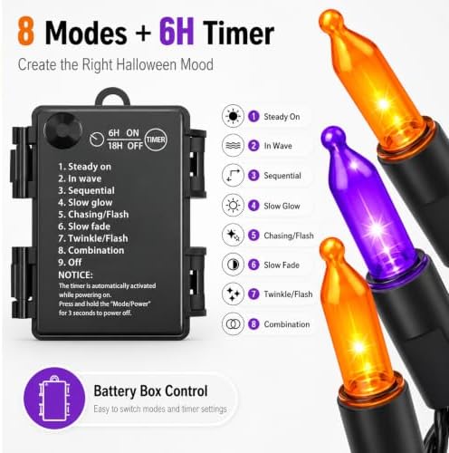2 Pack 100 LED Halloween Lights Battery Operated, 34.8FT Orange Purple String Lights 8 Modes with Timer, alternate view 3