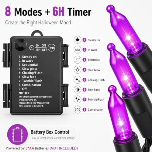 2 Pack 100 LED Halloween Purple Lights Battery Operated, 34.8FT Purple String Lights 8 Modes with Timer, alternate view 4