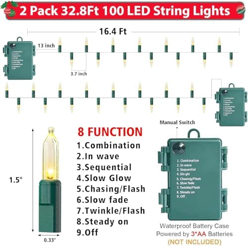 2 Pack 100 LED Outdoor Christmas Lights, 35FT Battery Operated Mini String Lights with 8 Modes & Timer Xmas Tree, alternate