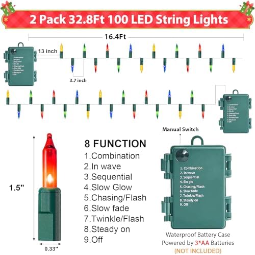 2 Pack 100 LED Outdoor Christmas Lights, 35FT Battery Operated Mini String Lights with 8 Modes & Timer Xmas Tree, alternate