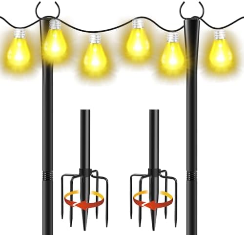 2 Pack 10Ft String Light Poles, Metal Poles with Fork for Outside Lights, Outdoor Metal Light Stand with Fence