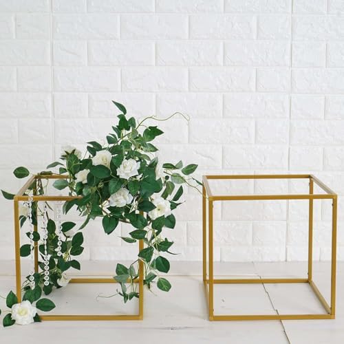 2 Pack 12" Square Gold Wedding Flower Stand Metal Column Stand Geometric Cube Vase in Gold, alternate view 6