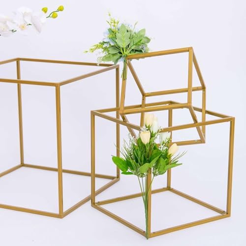 2 Pack 12" Square Gold Wedding Flower Stand Metal Column Stand Geometric Cube Vase in Gold, alternate view 7