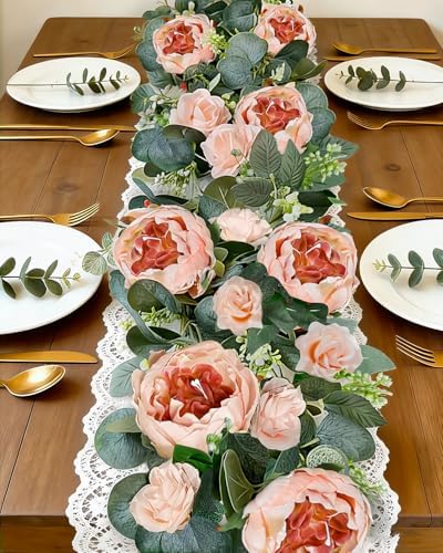 2 Pack 12Ft Fall Artificial Eucalyptus Floral Garland with 16 Vintage Peony Roses, Autumn Terracotta & Coffee