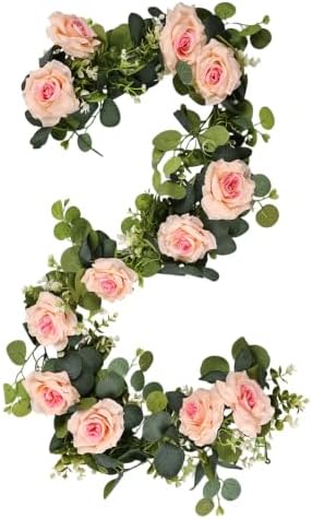 2 Pack 12FT Faux Roses Eucalyptus Garland with Silk Flowers for Table Fireplace Mantel Wedding Party Home Wall