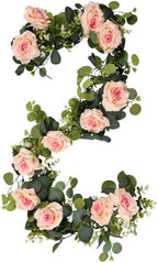 2 Pack 12FT Faux Roses Eucalyptus Garland with Silk Flowers for Table Fireplace Mantel Wedding Party Home Wall