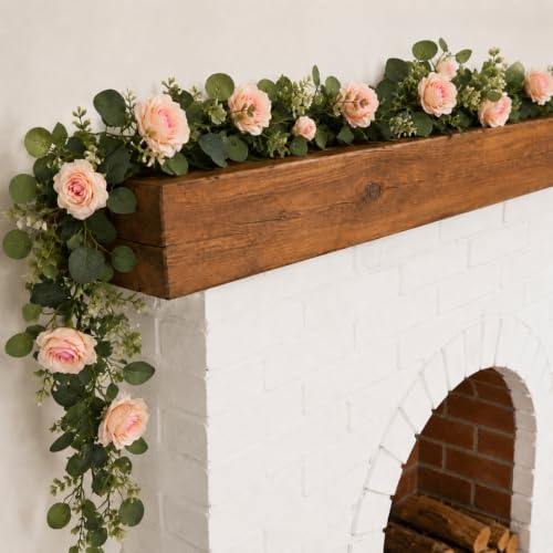 2 Pack 12FT Faux Roses Eucalyptus Garland with Silk Flowers for Table Fireplace Mantel Wedding Party Home Wall, alternate
