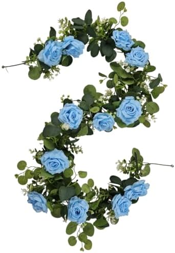 2 Pack 12FT Faux Roses Eucalyptus Garland with Silk Flowers for Table Fireplace Mantel Wedding Party Home Wall