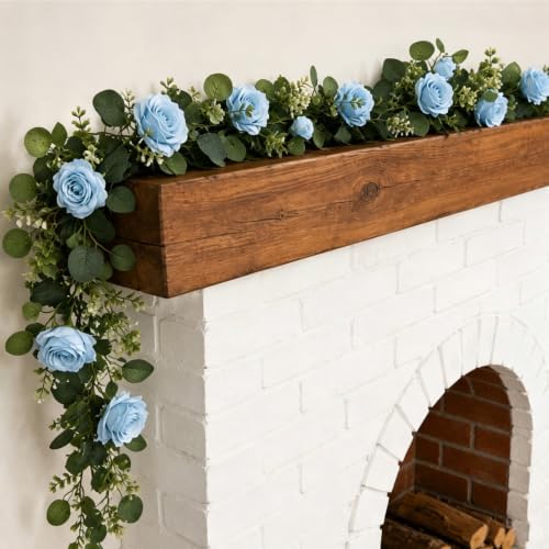 2 Pack 12FT Faux Roses Eucalyptus Garland with Silk Flowers for Table Fireplace Mantel Wedding Party Home Wall, alternate
