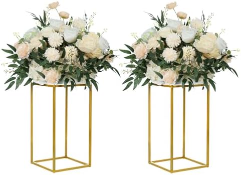 2 Pack 15.75 Inch Gold Wedding Flower Stand Metal Vase Column Stand Geometric Centerpiece Vase for Home Party