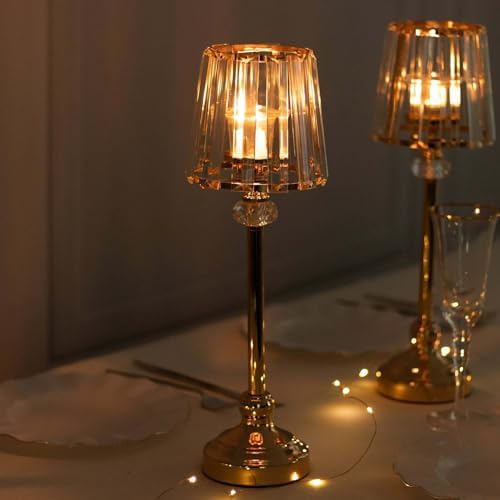 2-Pack 15" Gold Candle Lamp Centerpiece, Elegant Ribbed Glass Shade Votive Holder Set for Wedding Tables &, alternate view 6