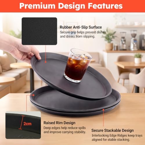 2 Pack 16" Commercial Non-Slip Round Serving Trays, NSF, Black in Black, alternate view 2