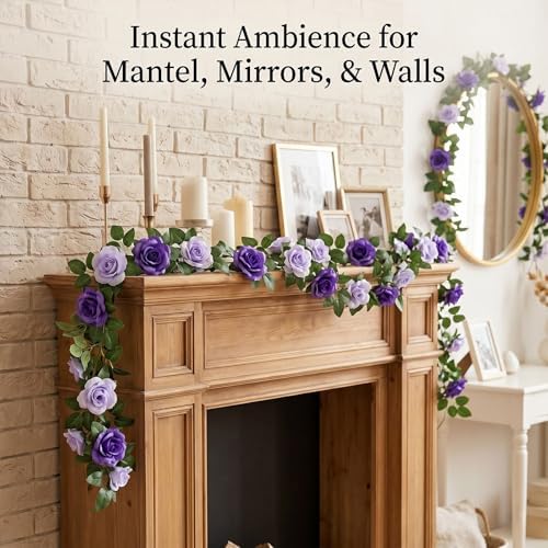 2 Pack 16FT Artificial Rose Garland - Dual Tone Light/Dark Purple, alternate view 6