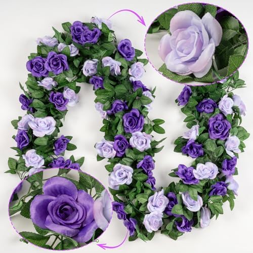 2 Pack 16FT Artificial Rose Garland - Dual Tone Light/Dark Purple, alternate view 7