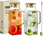 2 Pack 2.2 Liter/75 oz Square Classic Stripes Glass Pitcher with Lid, Gold in Gold