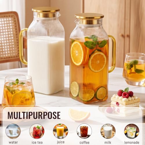 2 Pack 2.2 Liter/75 oz Square Classic Stripes Glass Pitcher with Lid, Gold in Gold, alternate view 3