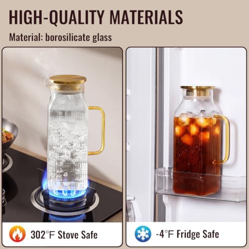 2 Pack 2.2 Liter/75 oz Square Classic Stripes Glass Pitcher with Lid, Gold in Gold, alternate view 4