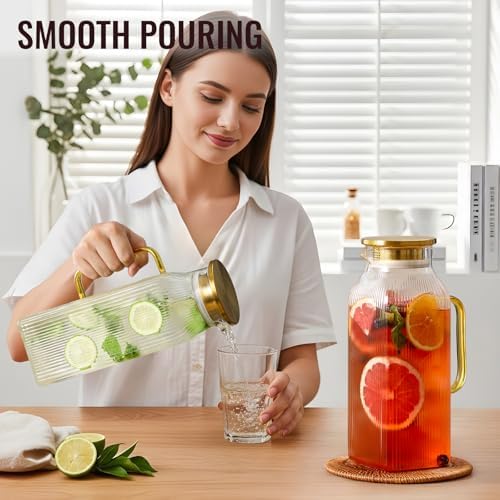 2 Pack 2.2 Liter/75 oz Square Classic Stripes Glass Pitcher with Lid, Gold in Gold, alternate view 6