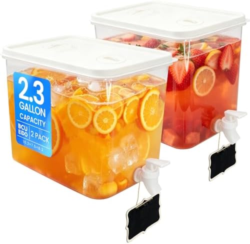 2 Pack 2.3 Gallon Drink Dispenser for Fridge with Spigot, Beverage Container Leak Proof Lids Filter Screen