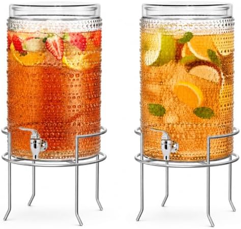 2 PACK-2 Gallon Glass Drink Dispensers for Parties, Hobnail Drink Dispenser, Beverage Dispenser with Stand and