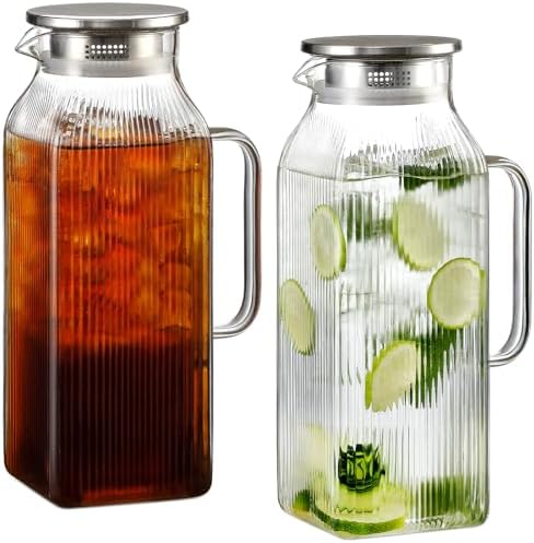2 Pack 2 Liter/68 oz Square Glass Pitcher with Lid, Classic Stripes Water Pitchers with Handle for Fridge, Large