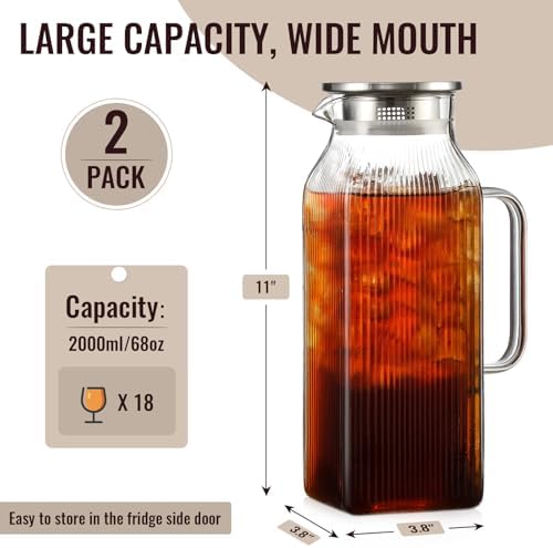 2 Pack 2 Liter/68 oz Square Glass Pitcher with Lid, Classic Stripes Water Pitchers with Handle for Fridge, Large, alternate