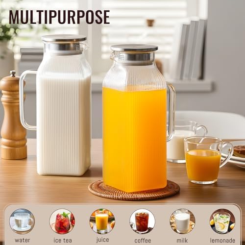 2 Pack 2 Liter/68 oz Square Glass Pitcher with Lid, Classic Stripes Water Pitchers with Handle for Fridge, Large, alternate