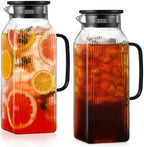 2 Pack 2 Liter/68 oz Square Glass Pitcher with Lid, Classic Stripes Water Pitchers with Handle for Fridge, Large