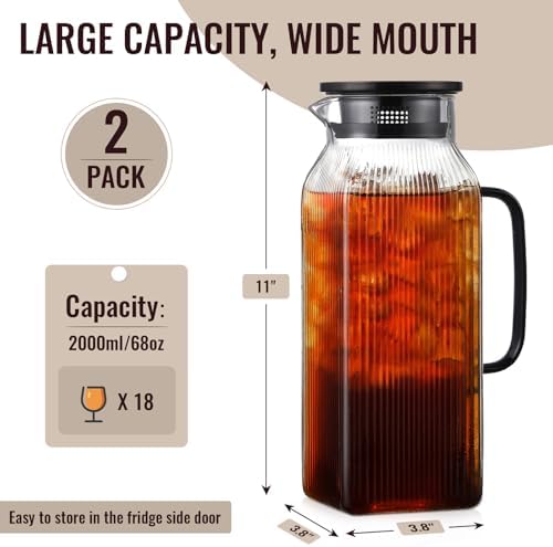 2 Pack 2 Liter/68 oz Square Glass Pitcher with Lid, Classic Stripes Water Pitchers with Handle for Fridge, Large, alternate
