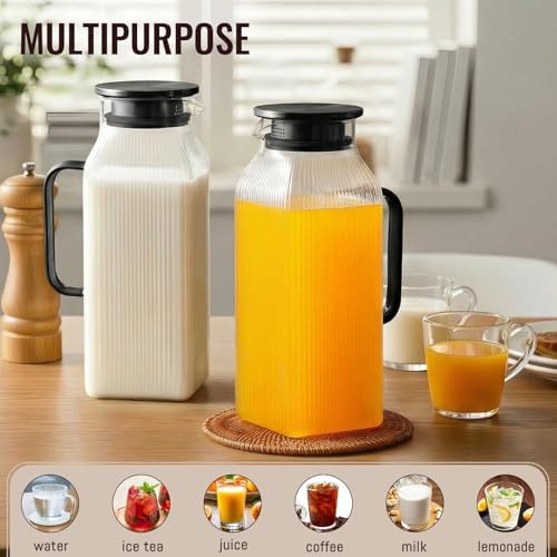 2 Pack 2 Liter/68 oz Square Glass Pitcher with Lid, Classic Stripes Water Pitchers with Handle for Fridge, Large, alternate