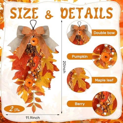 2 Pack 20 in Fall Teardrop Swags Autumn Front Door Decor, alternate view 3