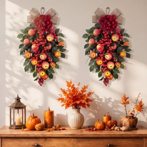 2 Pack 22.5 in Fall Teardrop Swags Autumn Apple Front Door Decor, alternate view 2