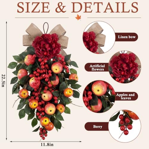 2 Pack 22.5 in Fall Teardrop Swags Autumn Apple Front Door Decor, alternate view 3