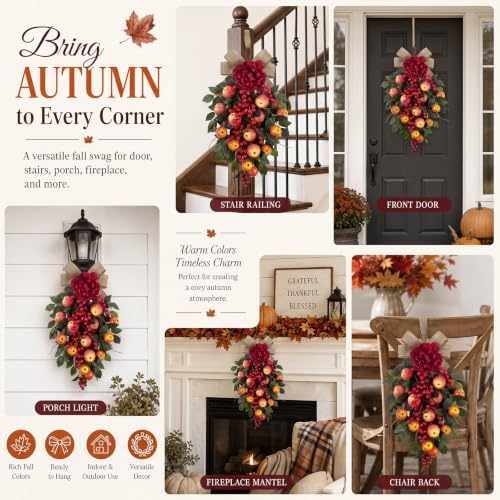2 Pack 22.5 in Fall Teardrop Swags Autumn Apple Front Door Decor, alternate view 5