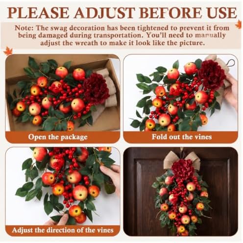 2 Pack 22.5 in Fall Teardrop Swags Autumn Apple Front Door Decor, alternate view 6