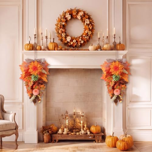 2 Pack 22 in Fall Teardrop Swags Autumn Floral Front Door Decor, alternate view 2