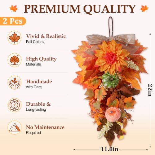 2 Pack 22 in Fall Teardrop Swags Autumn Floral Front Door Decor, alternate view 3