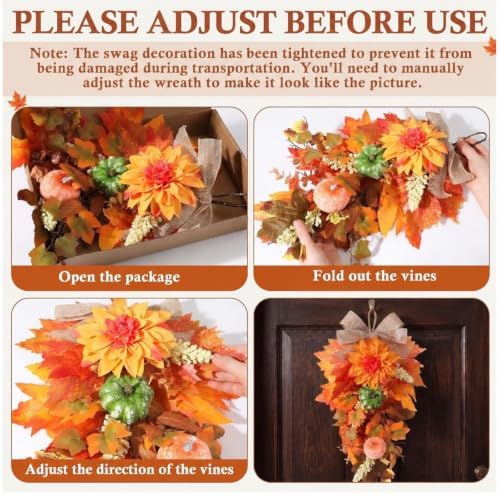 2 Pack 22 in Fall Teardrop Swags Autumn Floral Front Door Decor, alternate view 4