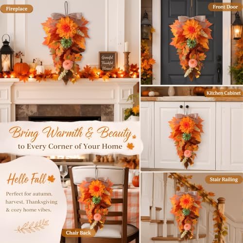 2 Pack 22 in Fall Teardrop Swags Autumn Floral Front Door Decor, alternate view 5