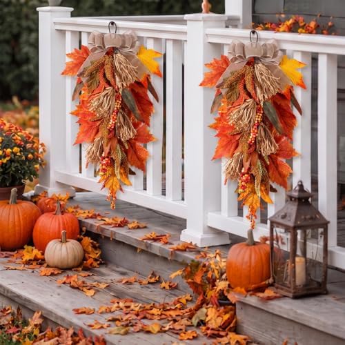 2 Pack 22 in Fall Teardrop Swags Autumn Sorghum Front Door Decor, alternate view 2