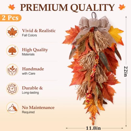 2 Pack 22 in Fall Teardrop Swags Autumn Sorghum Front Door Decor, alternate view 3