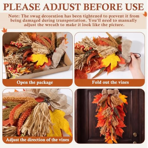2 Pack 22 in Fall Teardrop Swags Autumn Sorghum Front Door Decor, alternate view 4