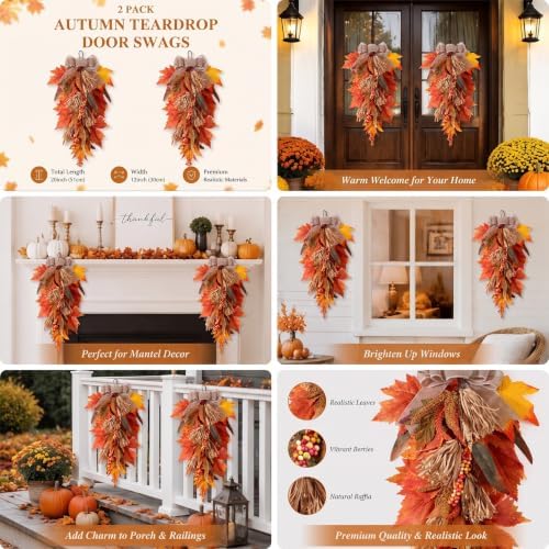 2 Pack 22 in Fall Teardrop Swags Autumn Sorghum Front Door Decor, alternate view 5