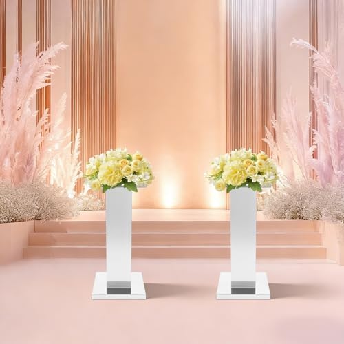 2 Pack 23.6" Tall Silver Vases for Centerpieces, Stainless Steel Column Geometric Centerpieces, Metal Wedding, alternate view