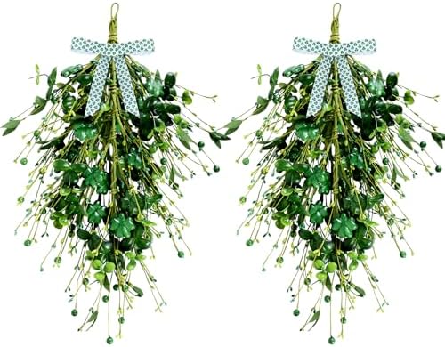 2 Pack 23’’ St. Patrick's Day Wreaths for Front Door St. Patricks Day Teardrop Swag Artificial Green Shamrock