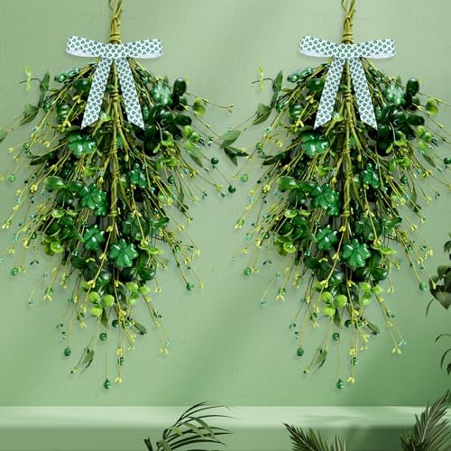 2 Pack 23’’ St. Patrick's Day Wreaths for Front Door St. Patricks Day Teardrop Swag Artificial Green Shamrock, alternate view