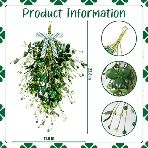 2 Pack 23’’ St. Patrick's Day Wreaths for Front Door St. Patricks Day Teardrop Swag Artificial Green Shamrock, alternate view