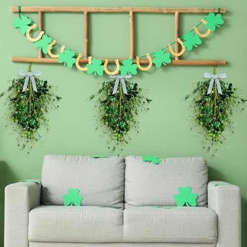 2 Pack 23’’ St. Patrick's Day Wreaths for Front Door St. Patricks Day Teardrop Swag Artificial Green Shamrock, alternate view