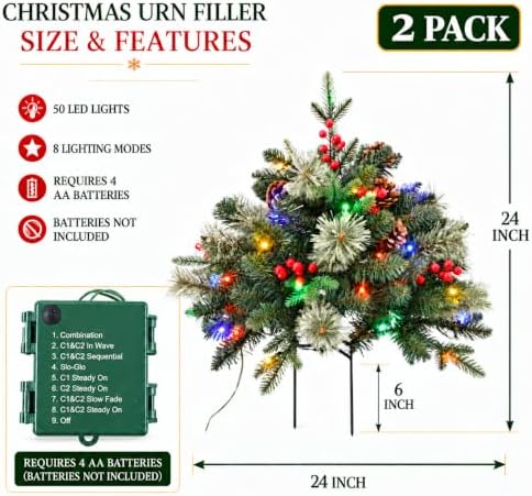 2 Pack 24IN Artificial Christmas Urn Filler for Outdoor Decorations, alternate view 2