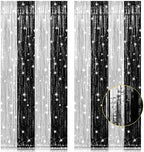 2 Pack 3.2 x 8.2 ft Black and Silver Foil Fringe Curtains in 3.2 ft x 8.2 ft in Black and Silver